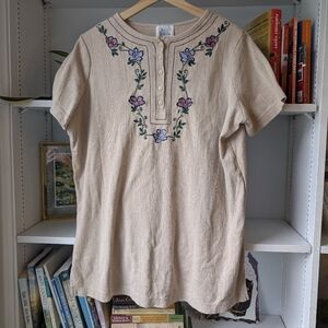 Vintage Women Top Embroidered Floral Cream Pink Blue Pointelle Size Medium Boho